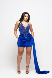 Diana Blue Velvet Halterneck Dress