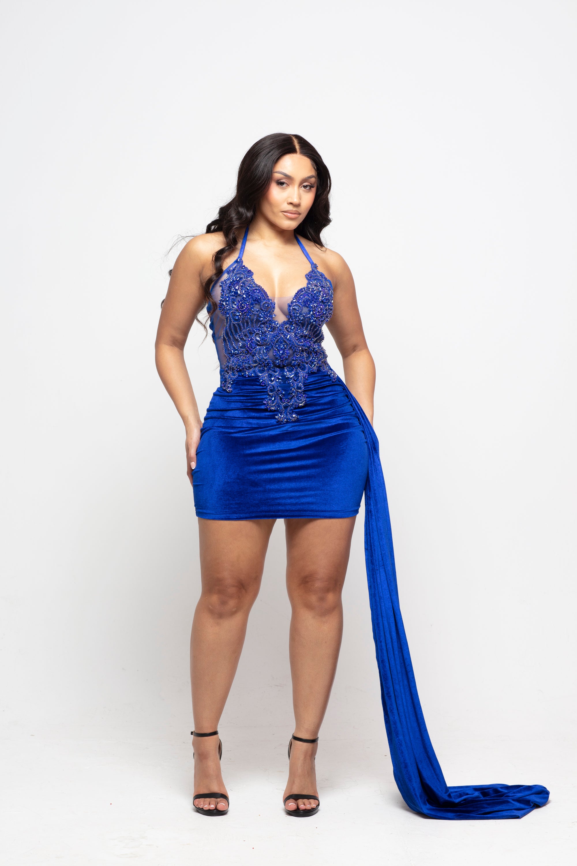 Diana Blue Velvet Halterneck Dress