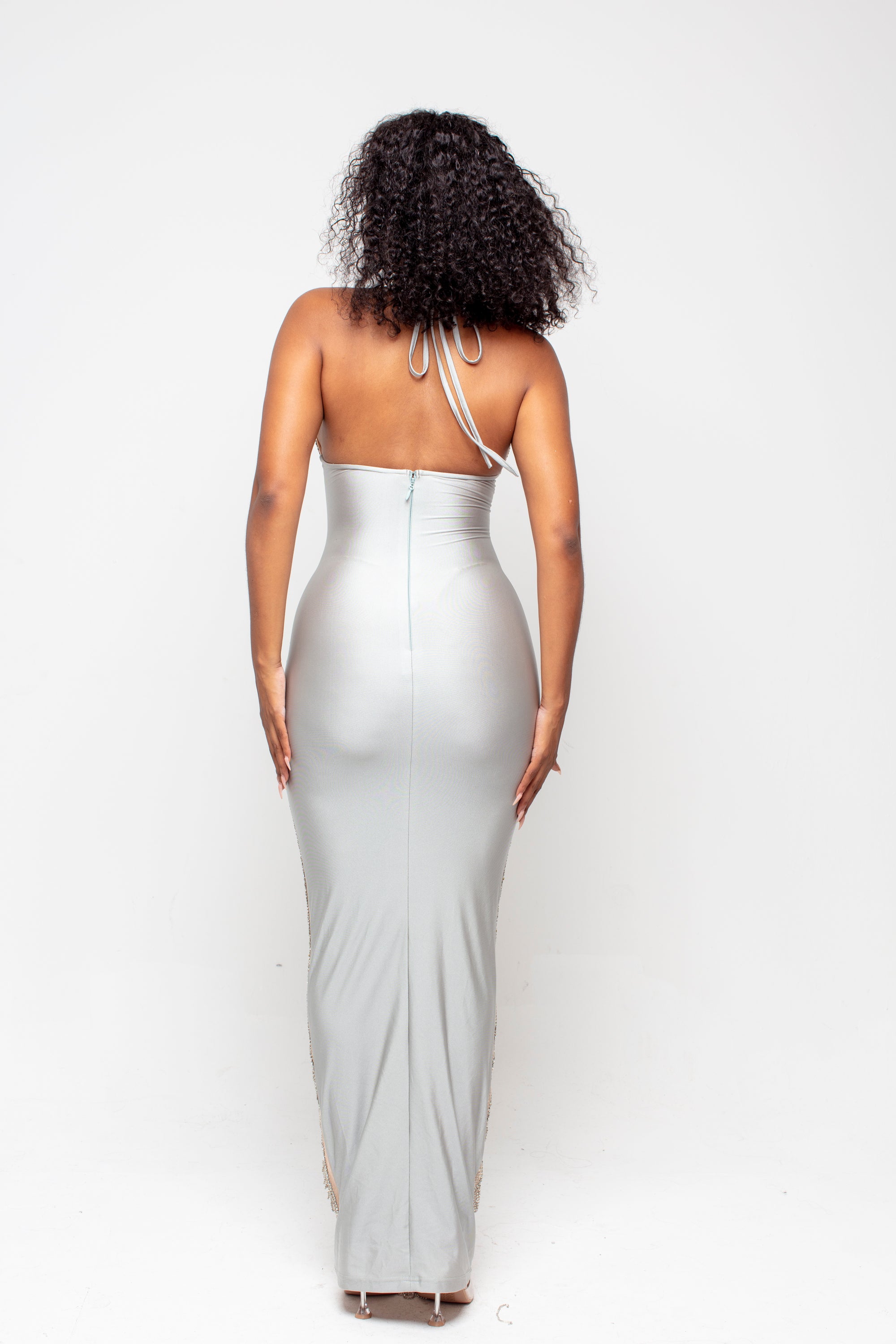 Amoure Silver Diamond Halterneck Maxi Dress (Less Transparent)