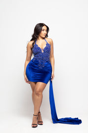 Diana Blue Velvet Halterneck Dress