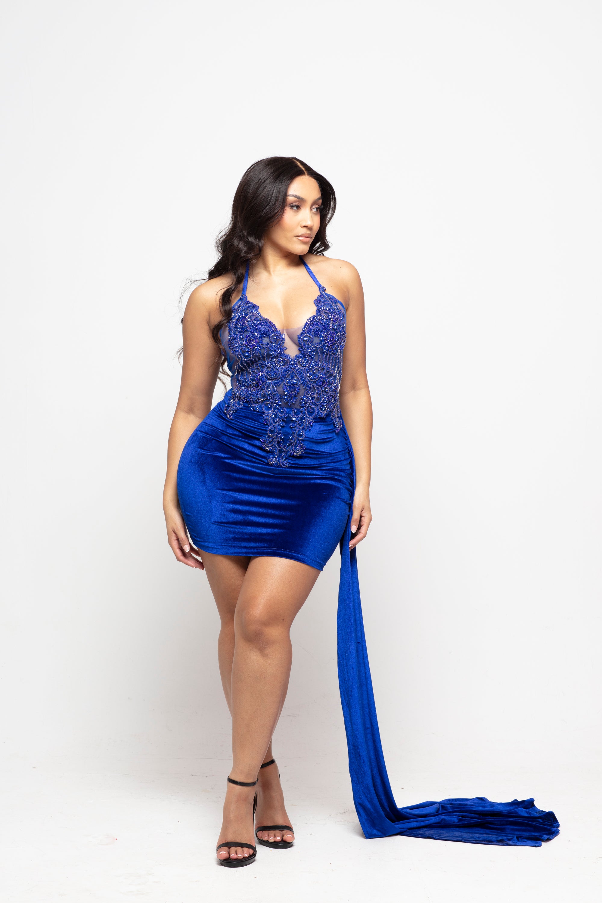 Diana Blue Velvet Halterneck Dress