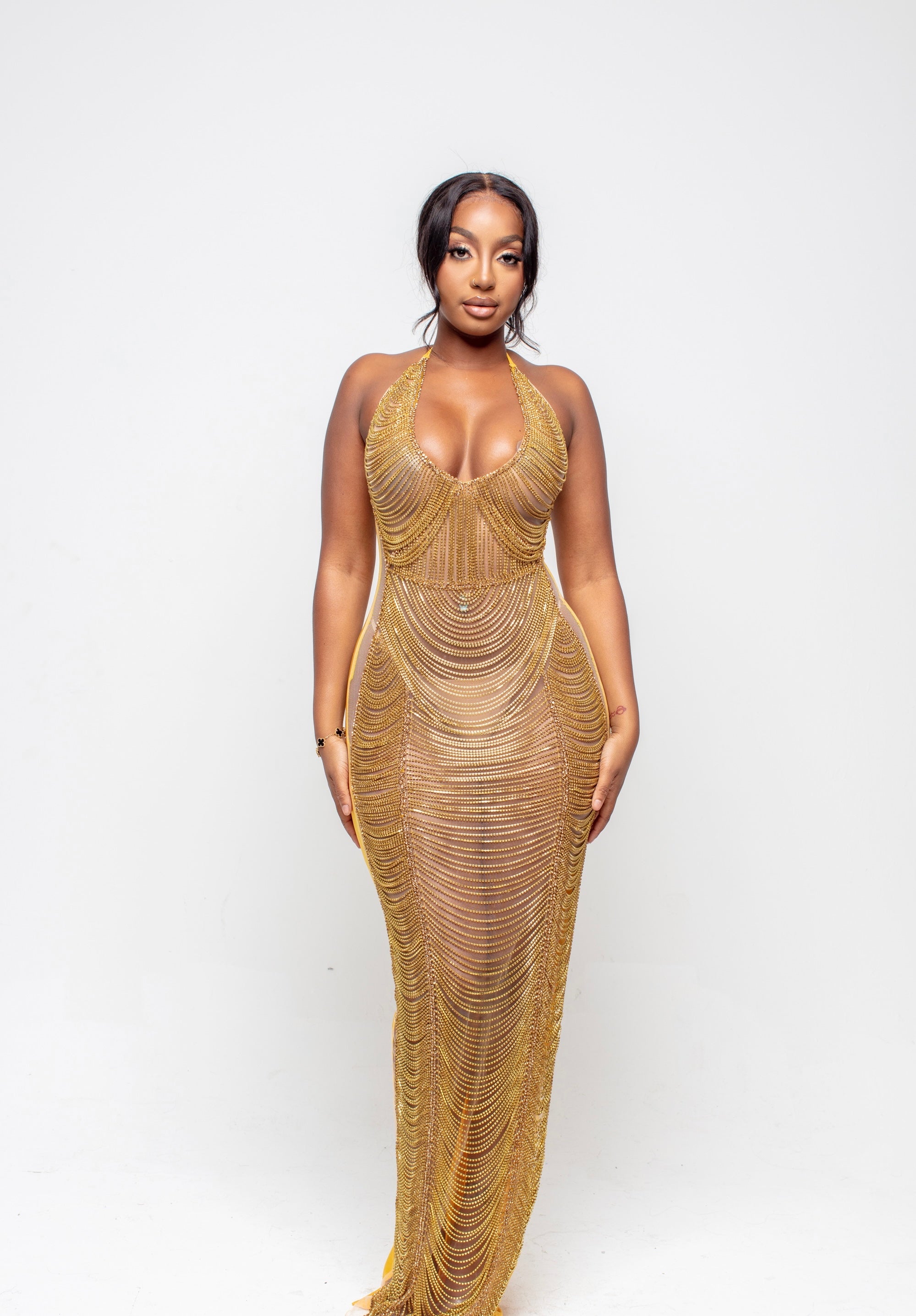 Amoure Gold Diamond Halterneck Maxi Dress, XL / Single Transparent Mesh