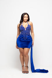 Diana Blue Velvet Halterneck Dress