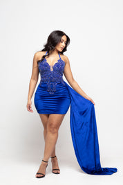 Diana Blue Velvet Halterneck Dress