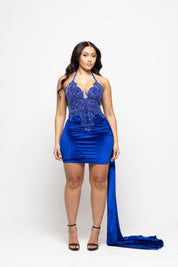 Diana Blue Velvet Halterneck Dress