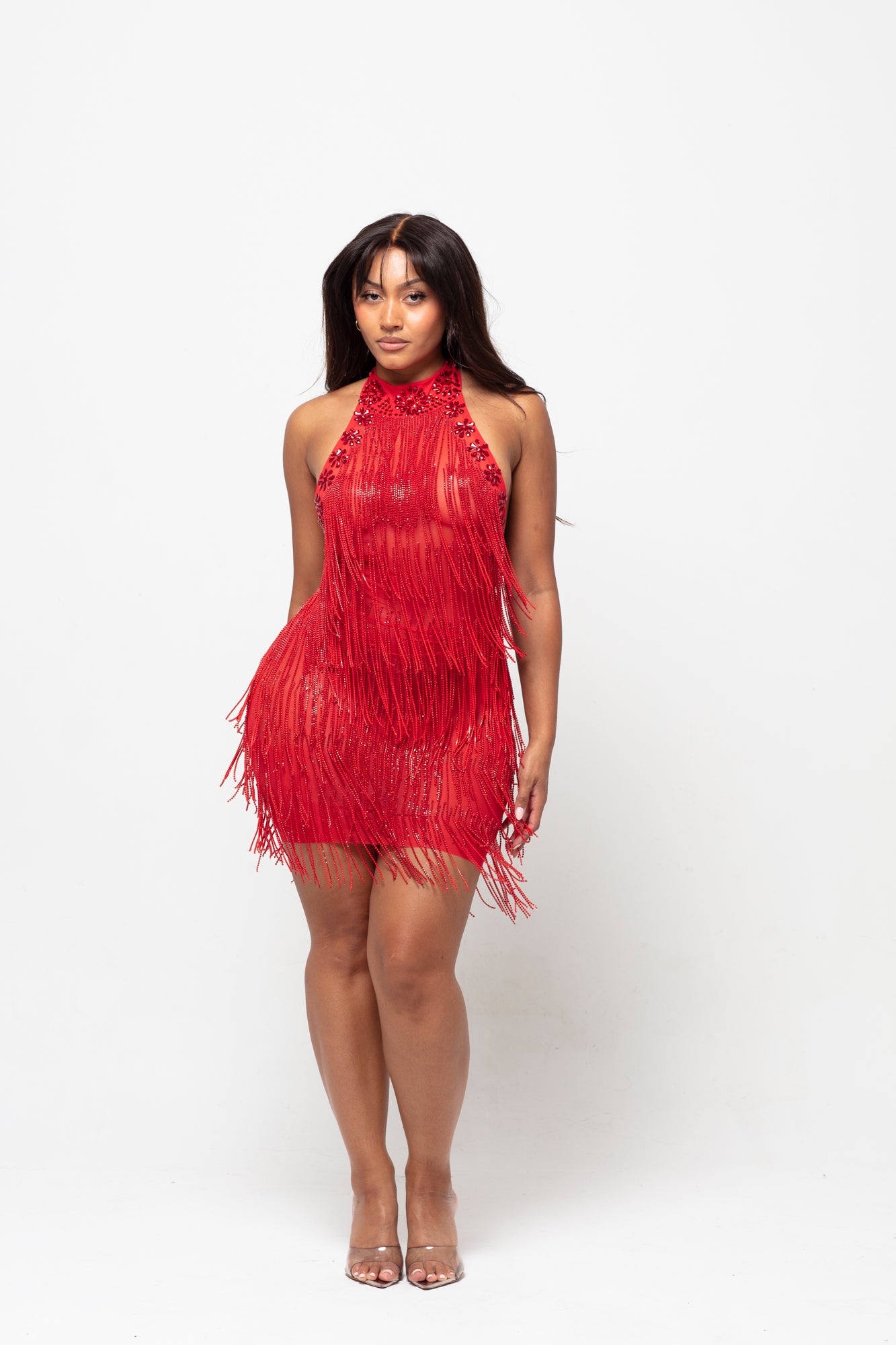 Sora Red Fringe Mini Dress  Denoa Label