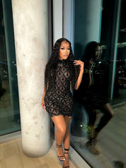 Black Diamond Mini Dress With Gloves