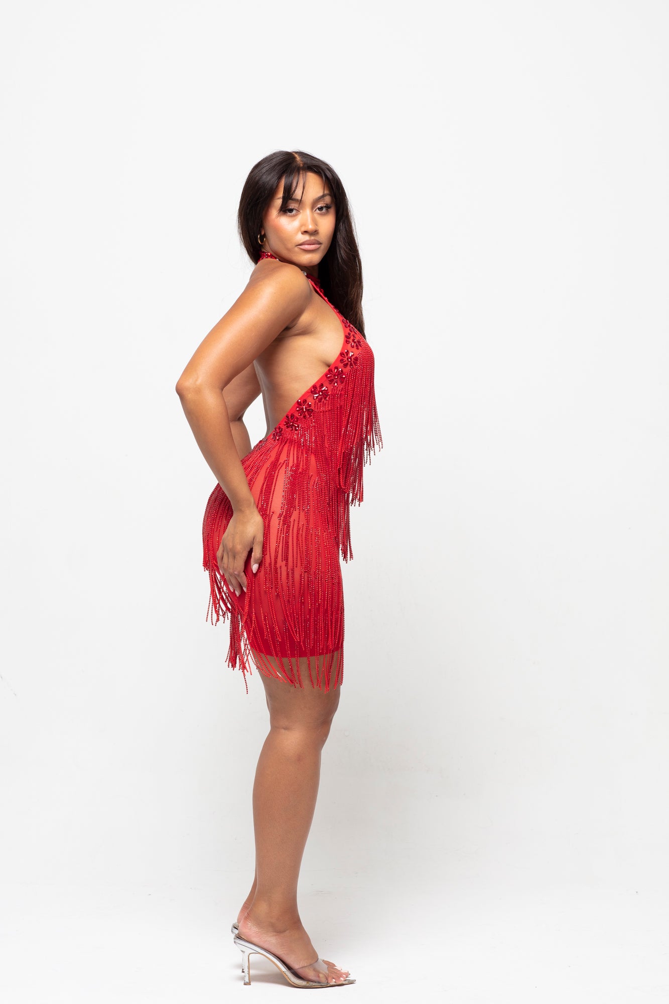 red fringe mini dress Rare London halterneck fringe detail mini dress in red