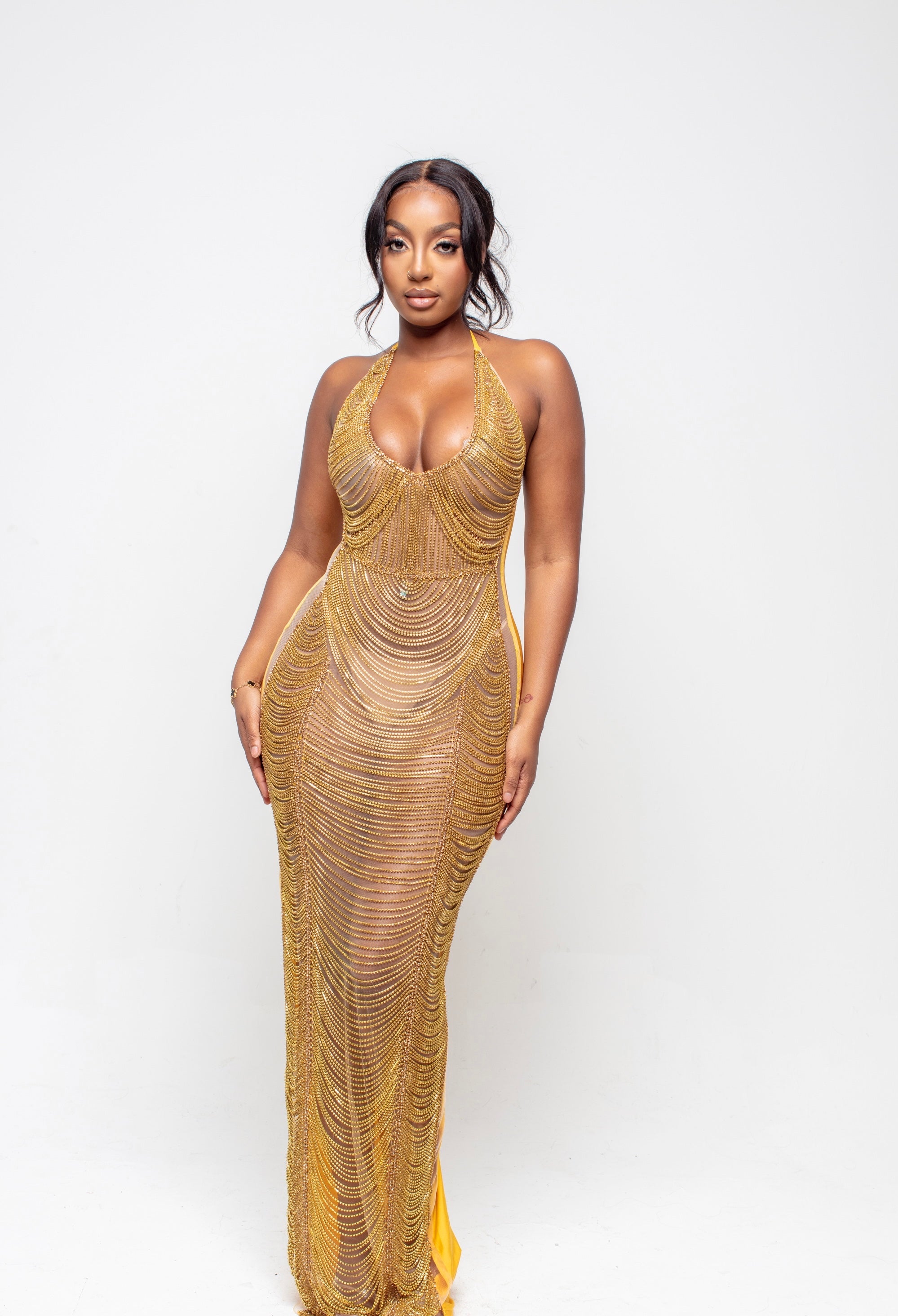 Amoure Gold Diamond Halterneck Maxi Dress, XL / Single Transparent Mesh