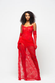 Lucy Red Maxi Dress With Gloves Pre-Order