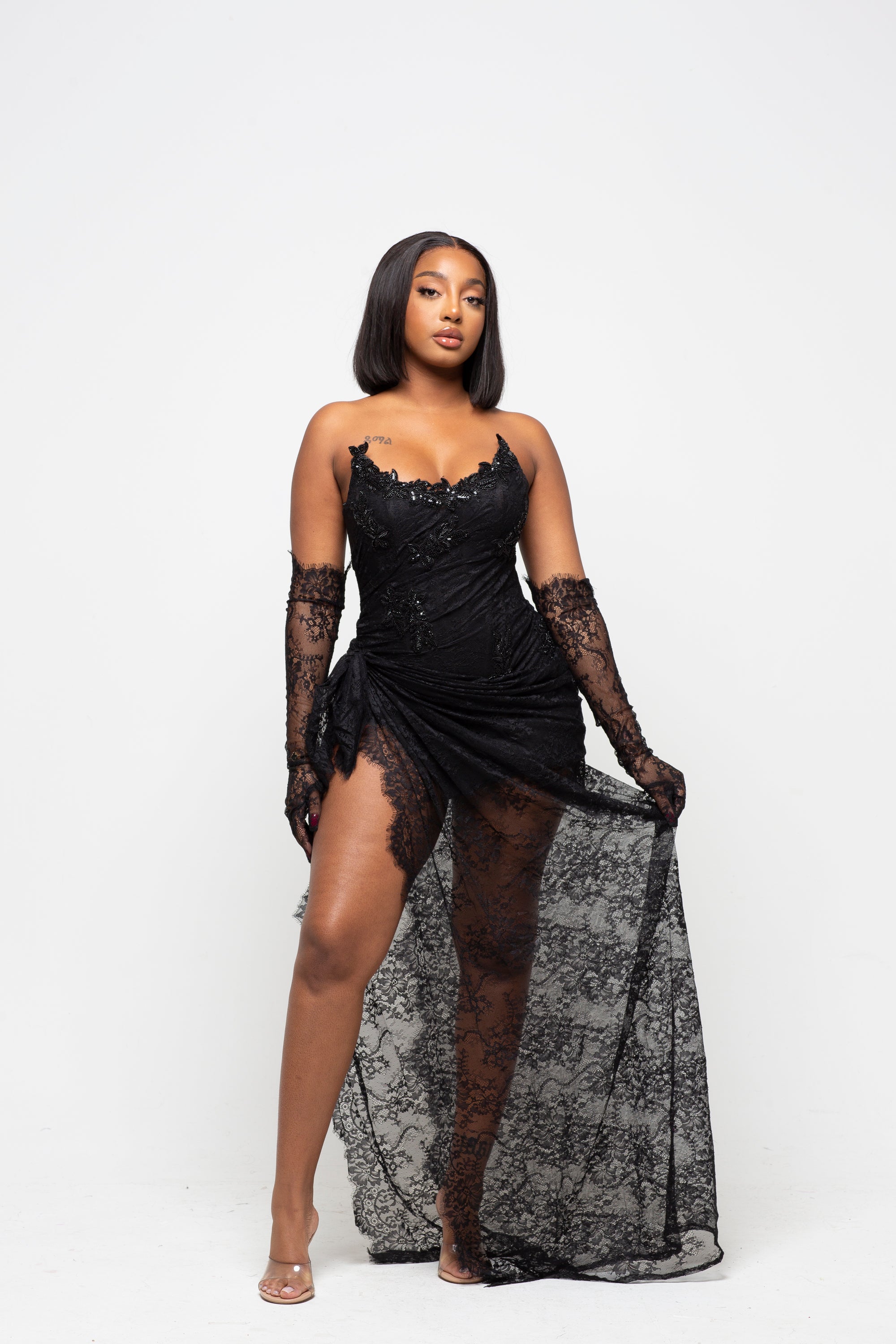 black dress and gloves Black Taffeta Sweetheart Slit Prom Dress With Long Lace Gloves