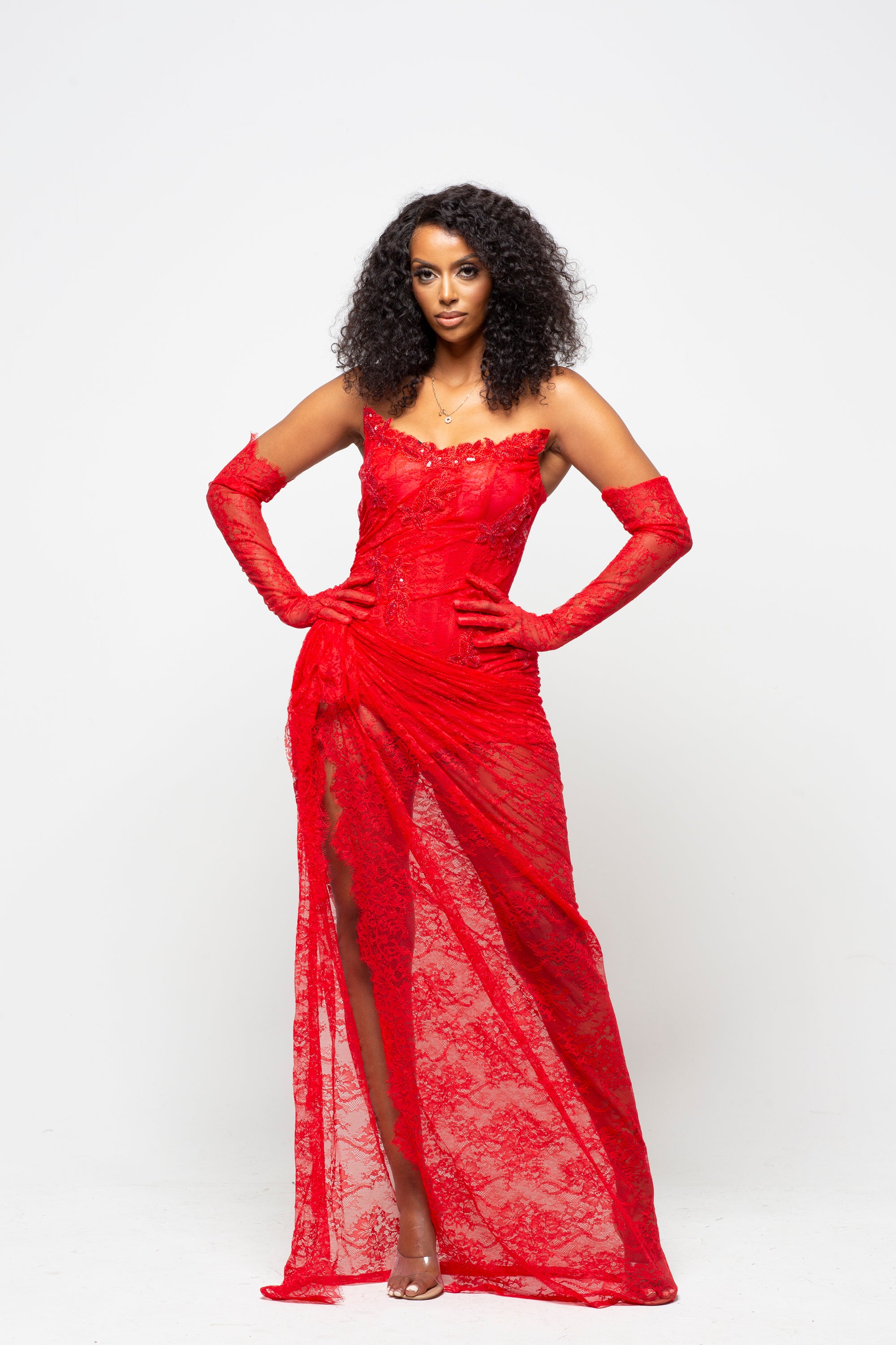 Lucy Red Maxi Dress With Gloves Pre-Order