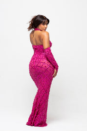 Oceana Fuchsia Pink Crystal Maxi Dress