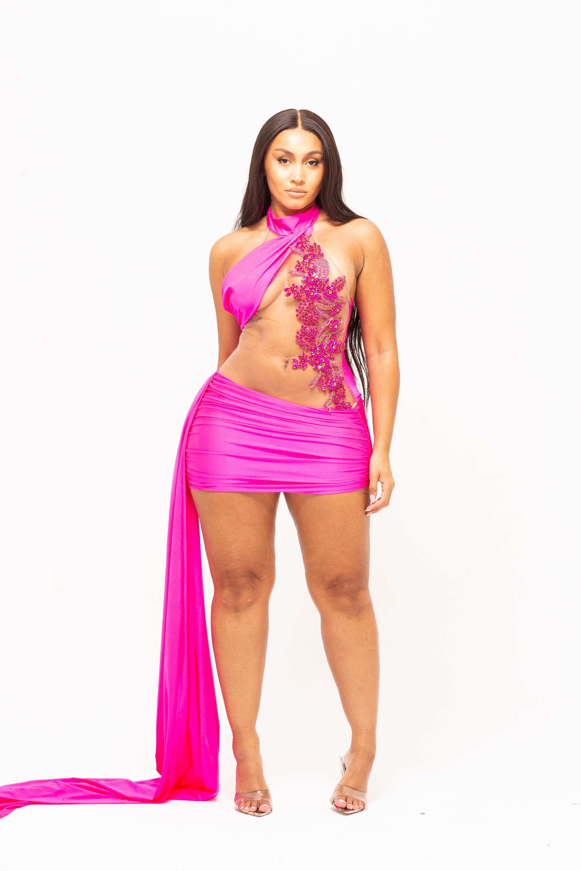 Venus Halterneck Fuchsia Pink Dress With Train Denoa Label Venus Halterneck Fuchsia Pink Dress With Train Denoa Label