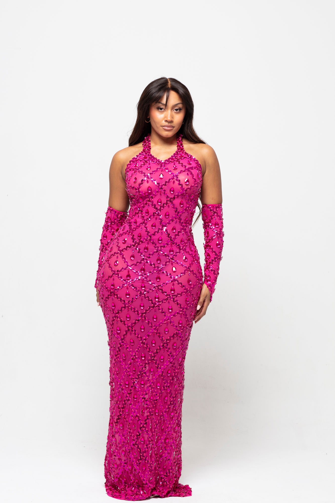 Oceana Fuchsia Pink Crystal Maxi Dress