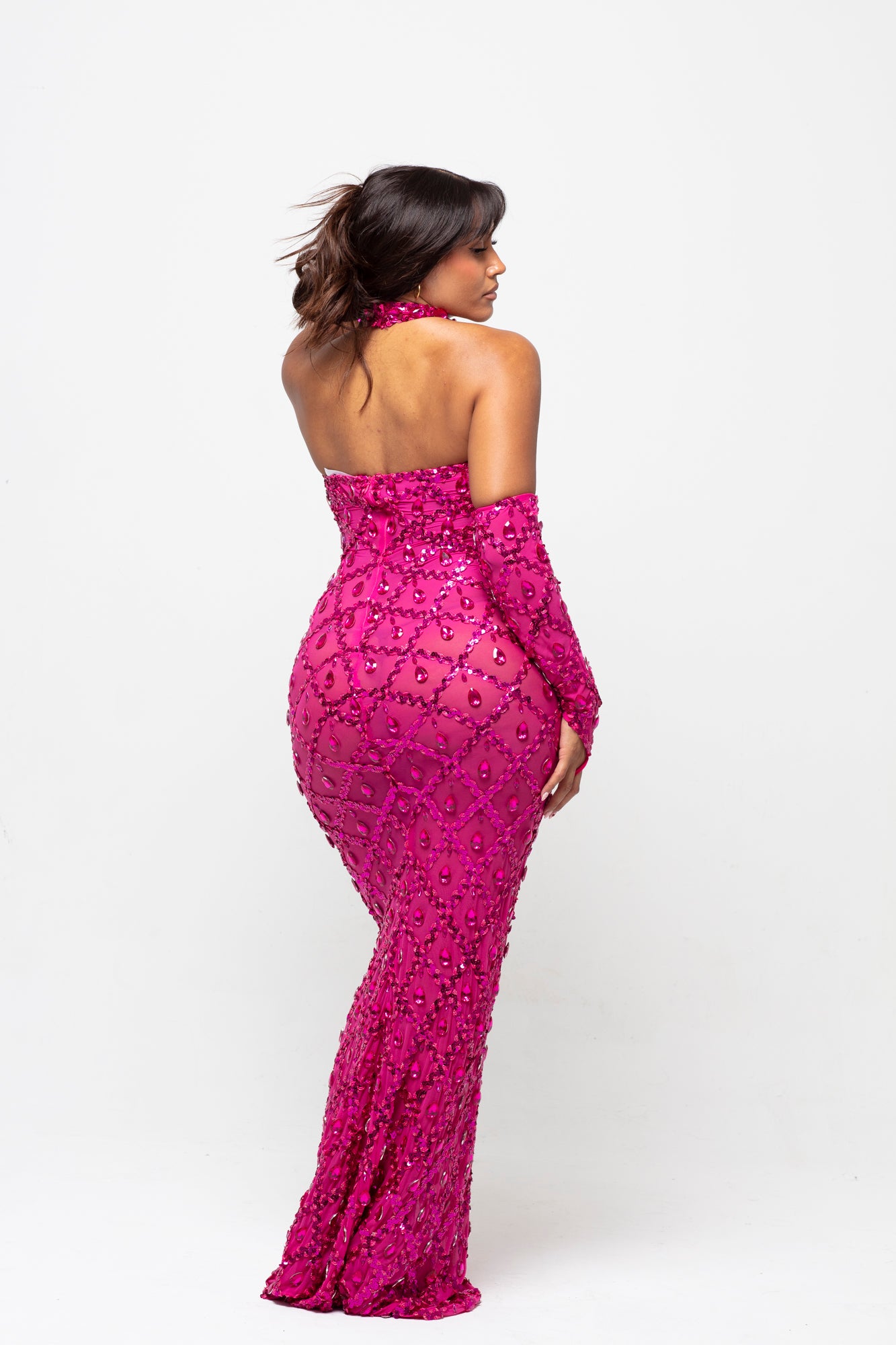 Oceana Fuchsia Pink Crystal Maxi Dress