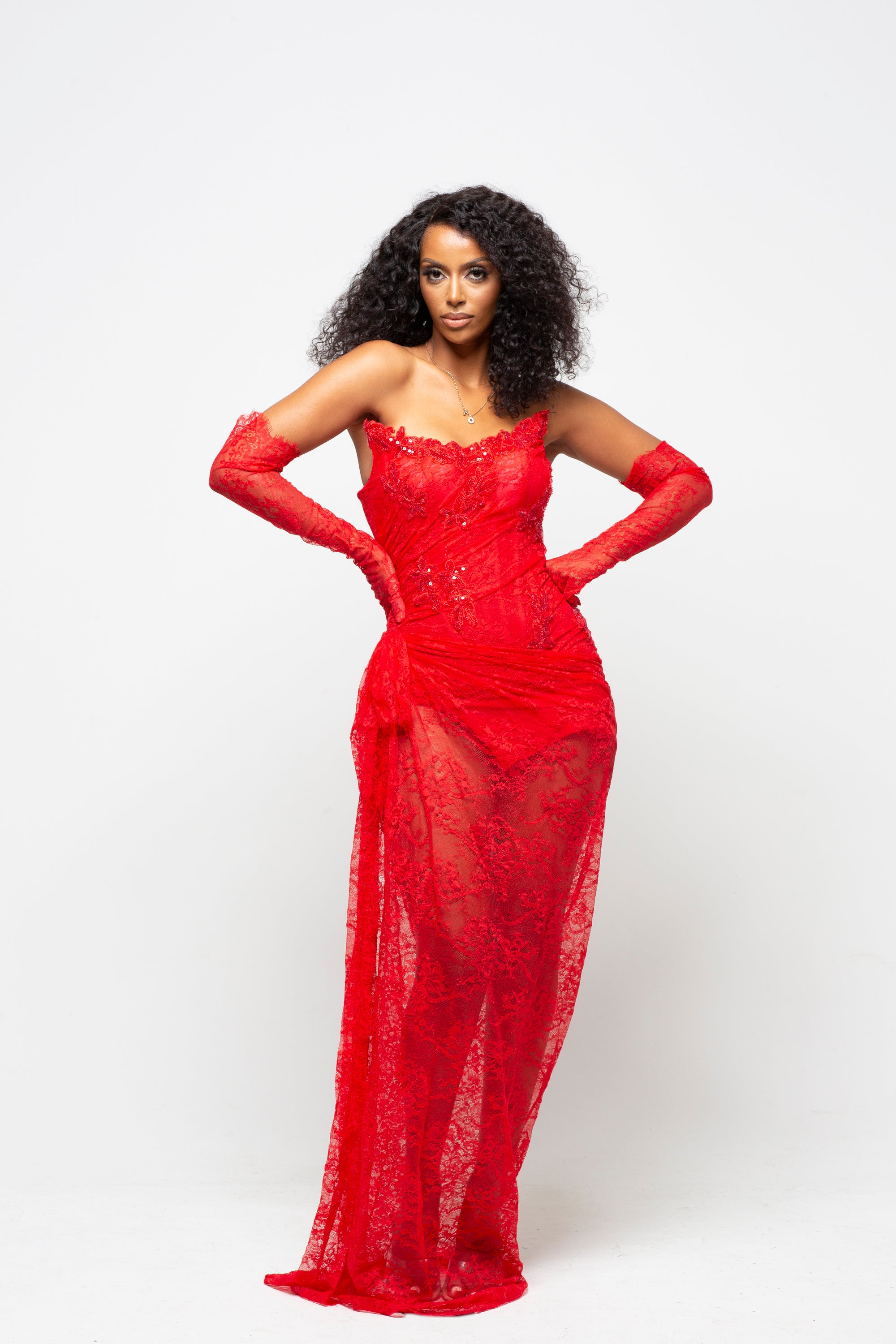 Lucy Red Maxi Dress With Gloves Pre-Order