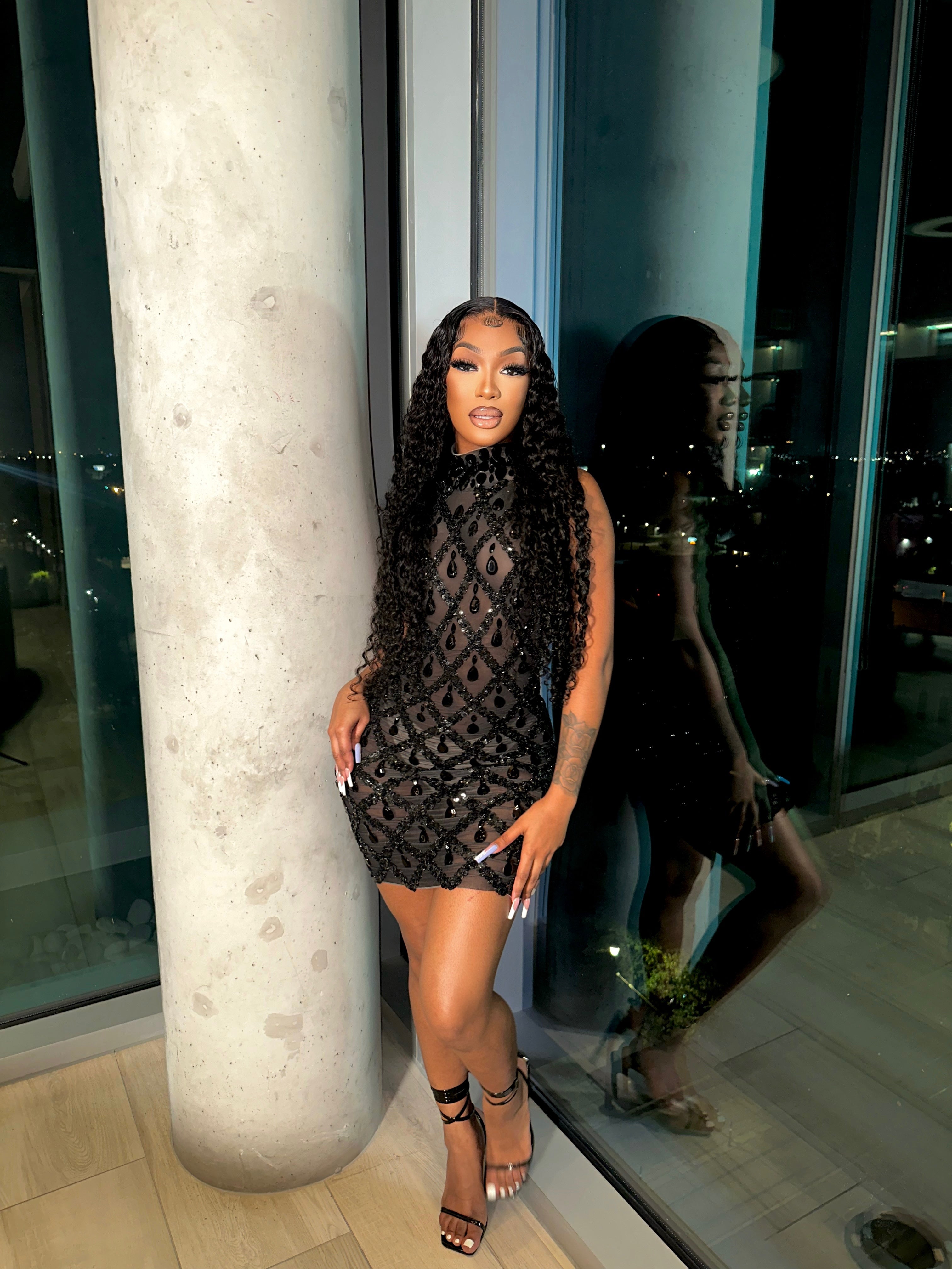 Black Diamond Mini Dress With Gloves