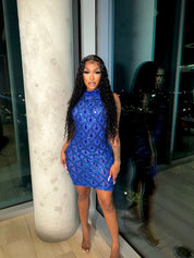 Blue Diamond Mini Dress With Gloves