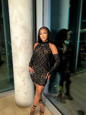 Black Diamond Mini Dress With Gloves